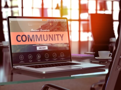 Community Concept Closeup on Laptop Screen in Modern Office Workplace. Toned Image with Selective Focus. 3D Render.